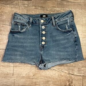 High-Rise Blue Denim Jean Shorts with Button Front